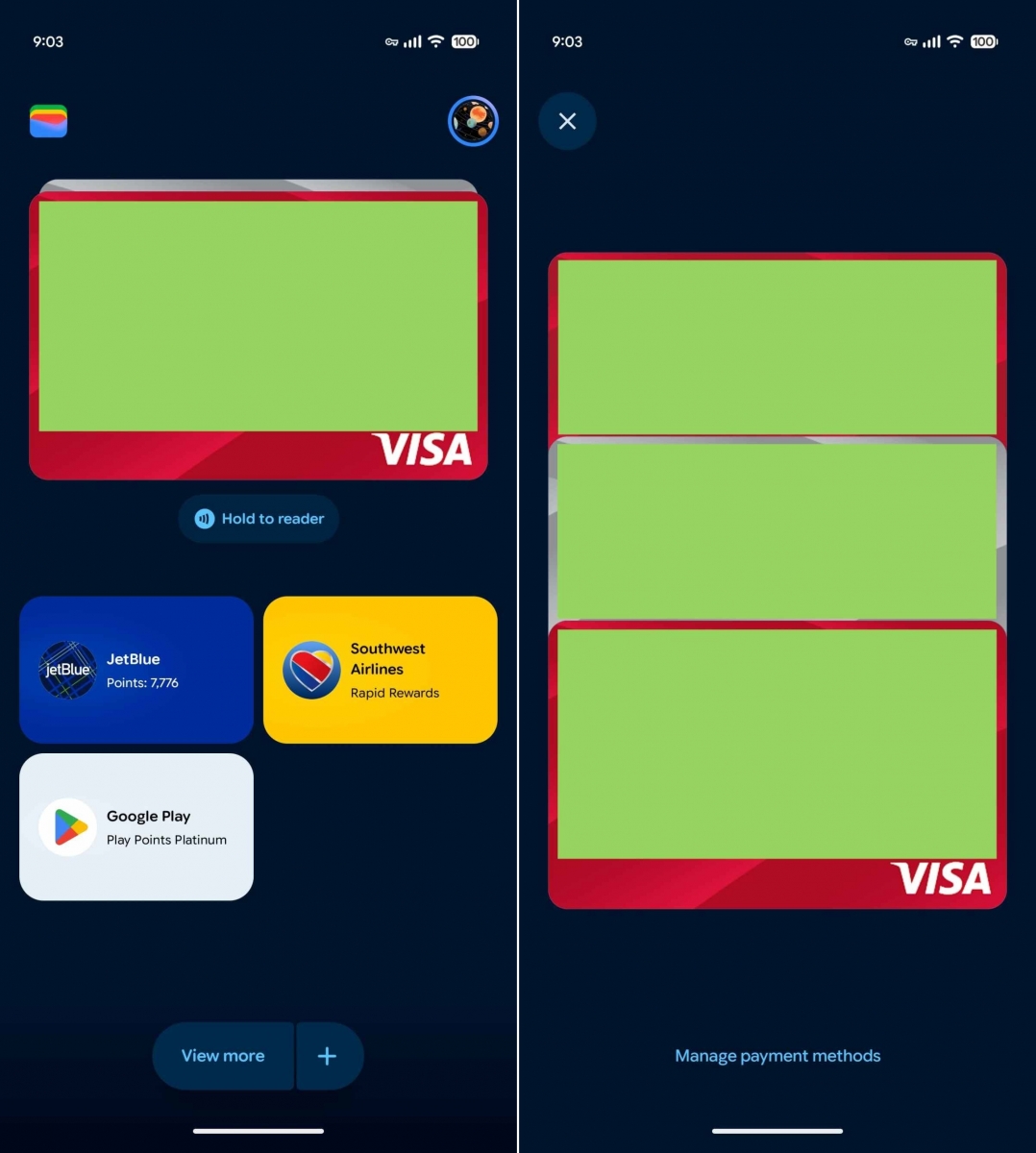 Google Wallet stacked payment-card interface on Android