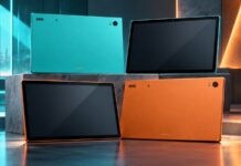 Leaked renders of the HMD Slate Tab 5G showing a large tablet in two colors with rear camera and bottom connector pins.