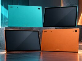 Leaked renders of the HMD Slate Tab 5G showing a large tablet in two colors with rear camera and bottom connector pins.