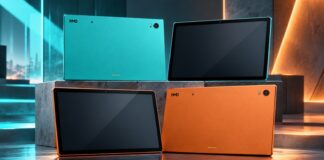 Leaked renders of the HMD Slate Tab 5G showing a large tablet in two colors with rear camera and bottom connector pins.
