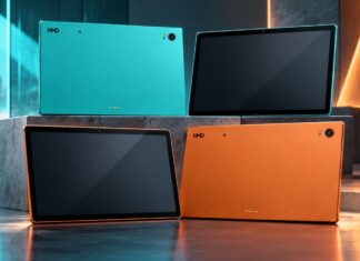 HMD Slate Tab 5G Leak Points to a 15.6-Inch Android 2-in-1 Leaked renders of the HMD Slate Tab 5G showing a large tablet in two colors with rear camera and bottom connector pins.