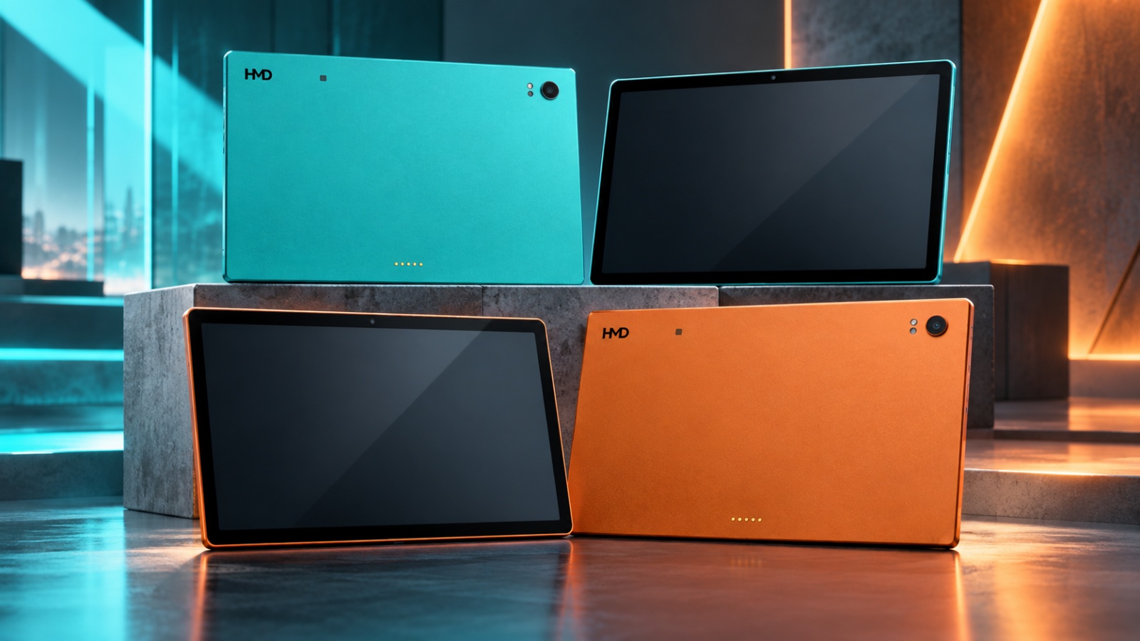 hmd-slate-tab-5g-hmd-tablete-cover-a97279-001 Leaked renders of the HMD Slate Tab 5G showing a large tablet in two colors with rear camera and bottom connector pins.
