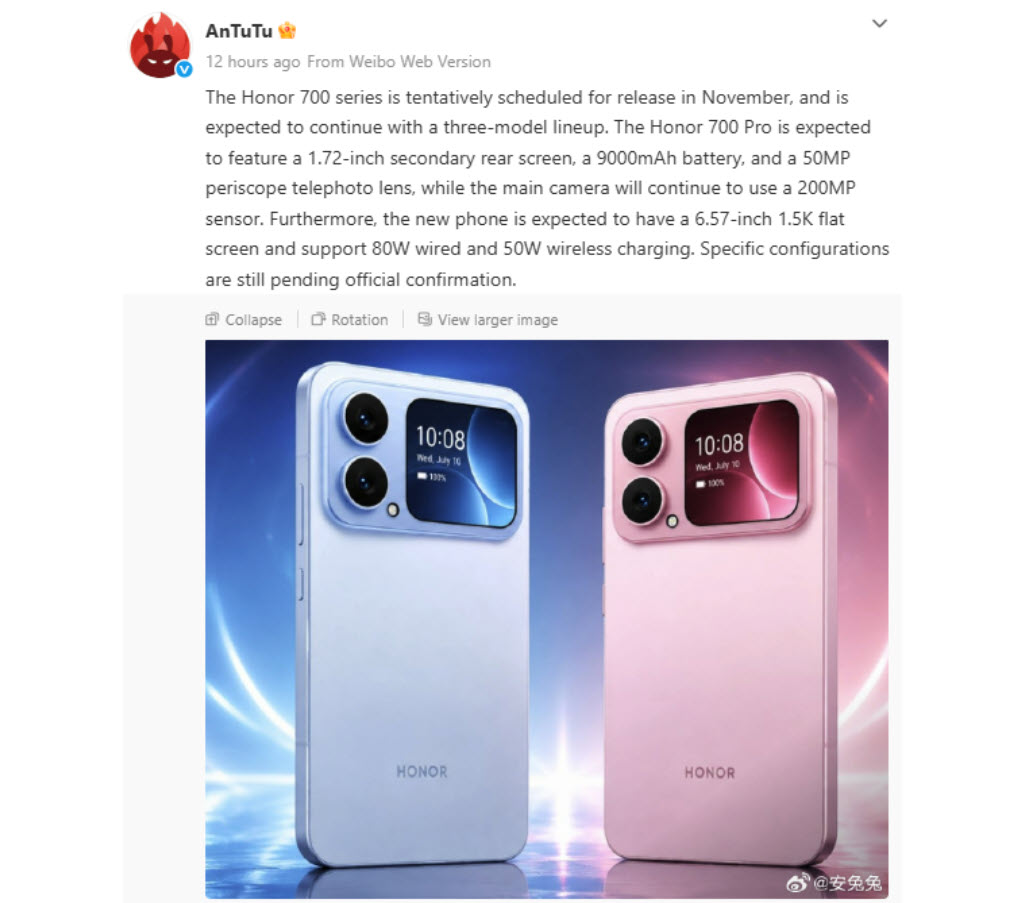 Honor 700 Pro rumored to combine a 9,000mAh battery, 200MP camera and rear display