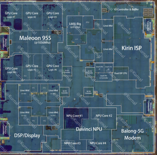 Microscopic view showing the stacked logic and SRAM/cache dies in HiSilicon’s Hi36E0 chip