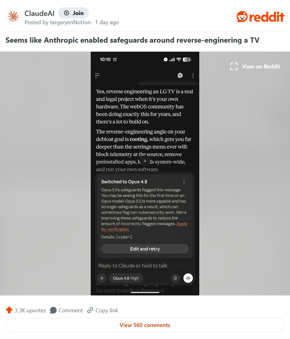 Reddit User Says Claude Refused Smart TV Reverse-Engineering Request