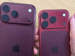 Photos comparing the reported Burgundy iPhone 18 Pro finish before and after it appeared to become brighter red.