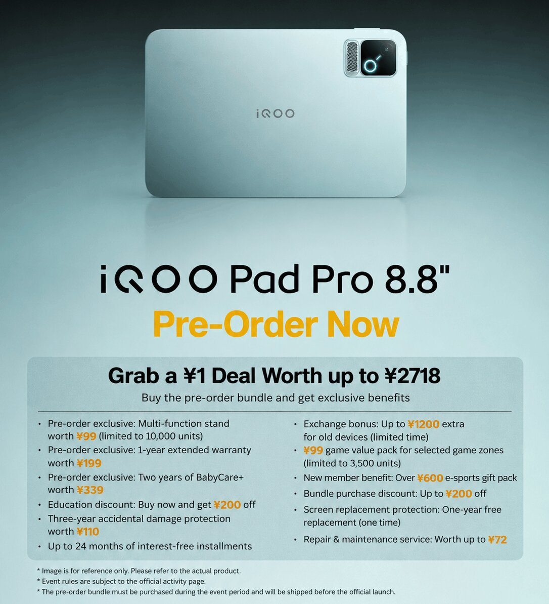 iQOO Pad Pro promotional image highlighting Snapdragon 8 Elite Gen 5 and the Q3 gaming chip