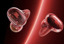 JBL Soundgear Clips Tourmaline Red open-ear clip-on earbuds in their translucent red charging case