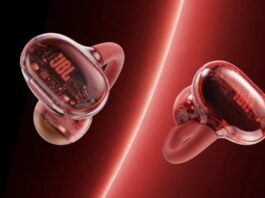 JBL Soundgear Clips Tourmaline Red open-ear clip-on earbuds in their translucent red charging case