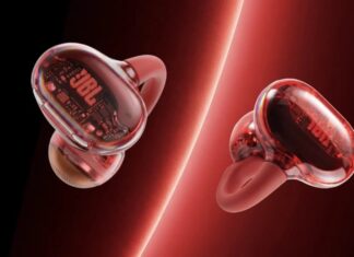 JBL Soundgear Clips Tourmaline Red Debut With Titanium-Plated Dual-Layer Drivers JBL Soundgear Clips Tourmaline Red open-ear clip-on earbuds in their translucent red charging case