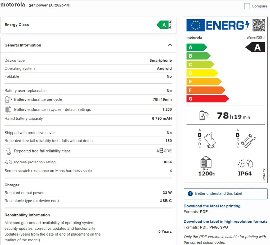 Motorola Moto G47 Power battery information from European documentation.