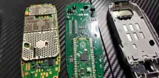 A modified Nokia 3310 handset running a game through a Raspberry Pi Pico retrofit