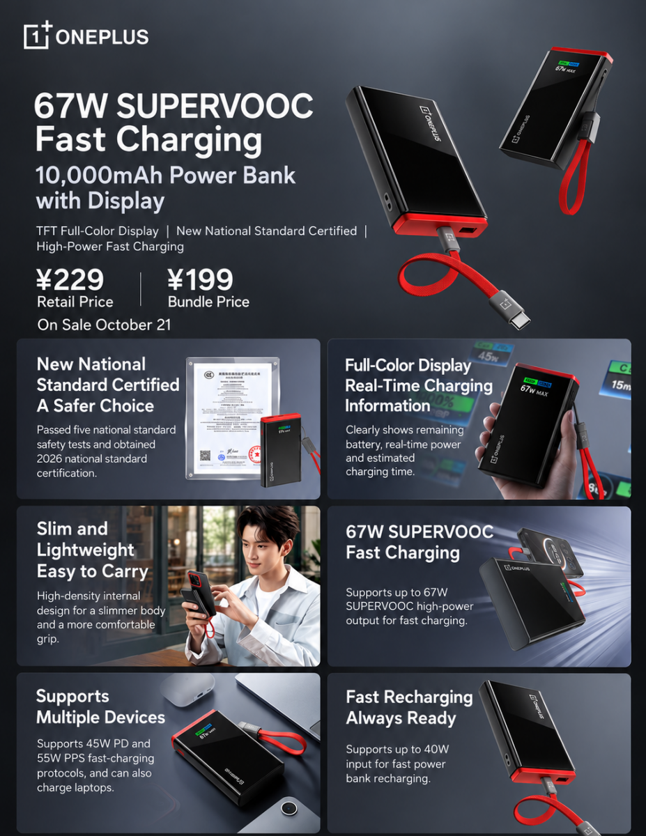 OnePlus 10,000 mAh power bank showing its built-in cable and color status screen
