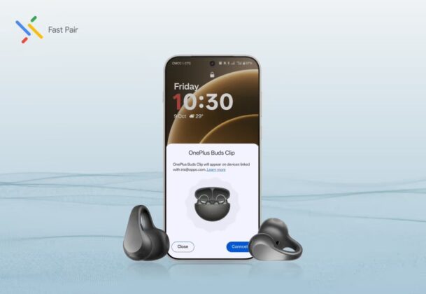 OnePlus Buds Clip true wireless earbuds and charging case.