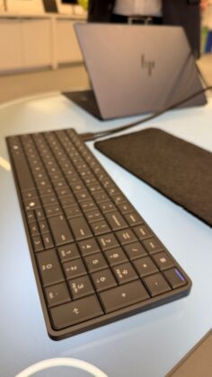 Portrait-oriented photo of an HP event display