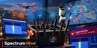 Spectrum Hive drone-detection system shown with antennas, acoustic sensing equipment and a monitoring display.