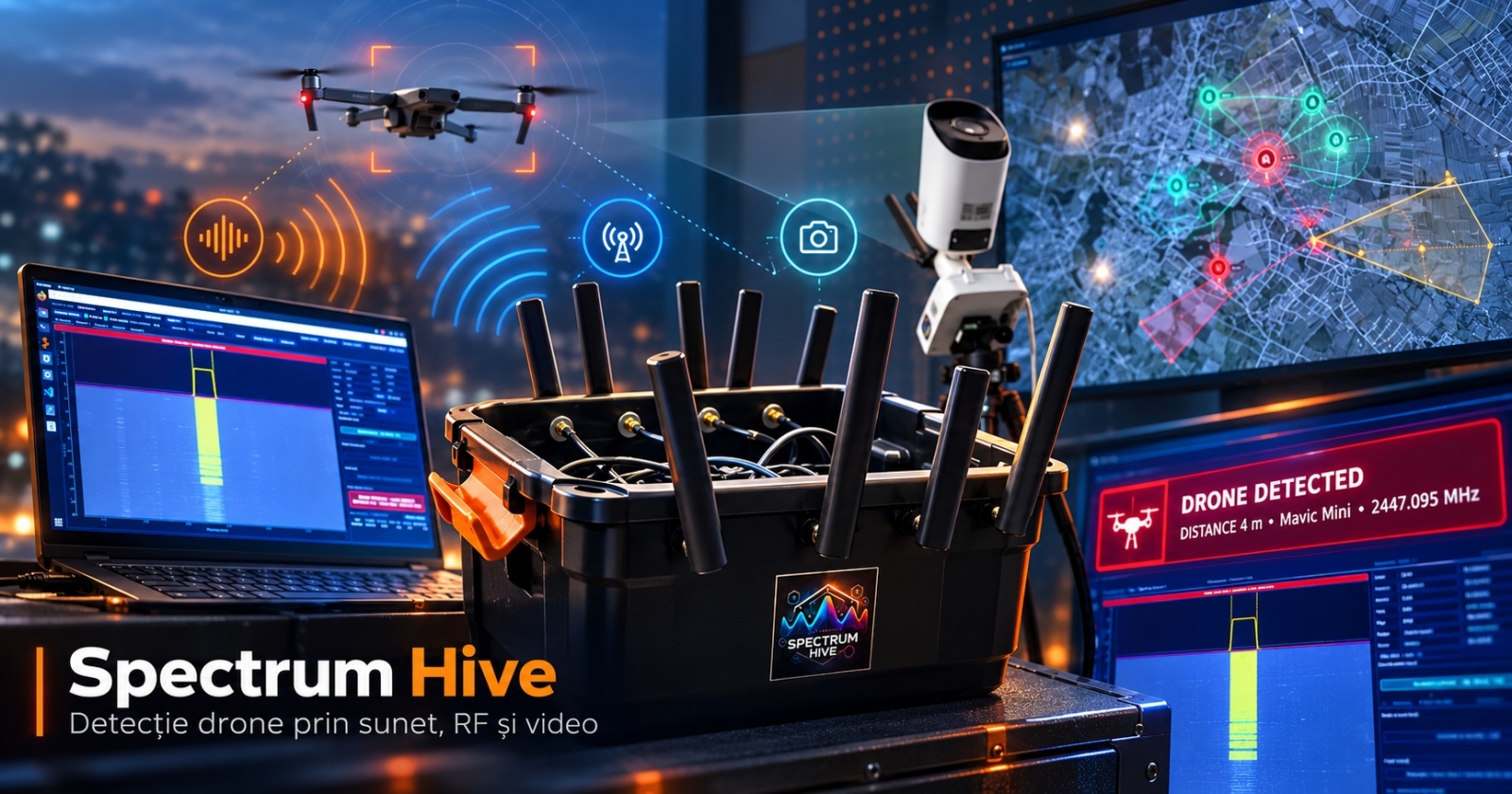 spectrum-hive-drone-inteligenta-artificiala-cover-a97318-001 Spectrum Hive drone-detection system shown with antennas, acoustic sensing equipment and a monitoring display.