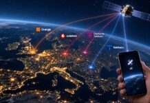 Satellite above Earth representing direct-to-device mobile connectivity
