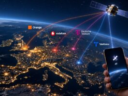 Satellite above Earth representing direct-to-device mobile connectivity