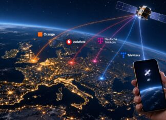 Satellite above Earth representing direct-to-device mobile connectivity