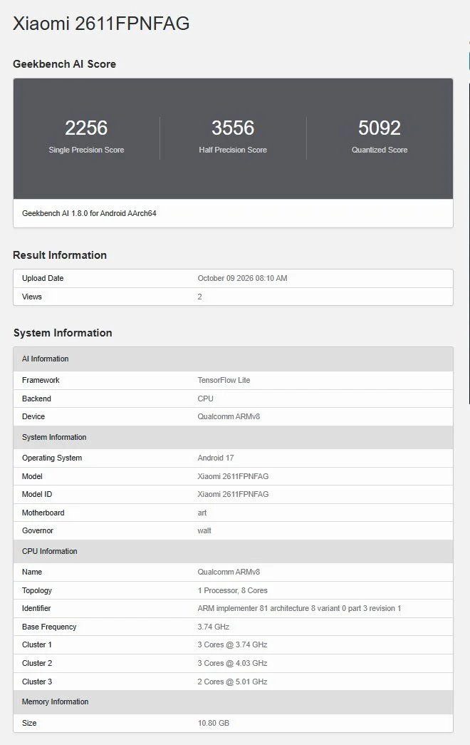 Global Geekbench AI listing for the Xiaomi 18 Pro, following the Xiaomi 18 Pro Max listing.
