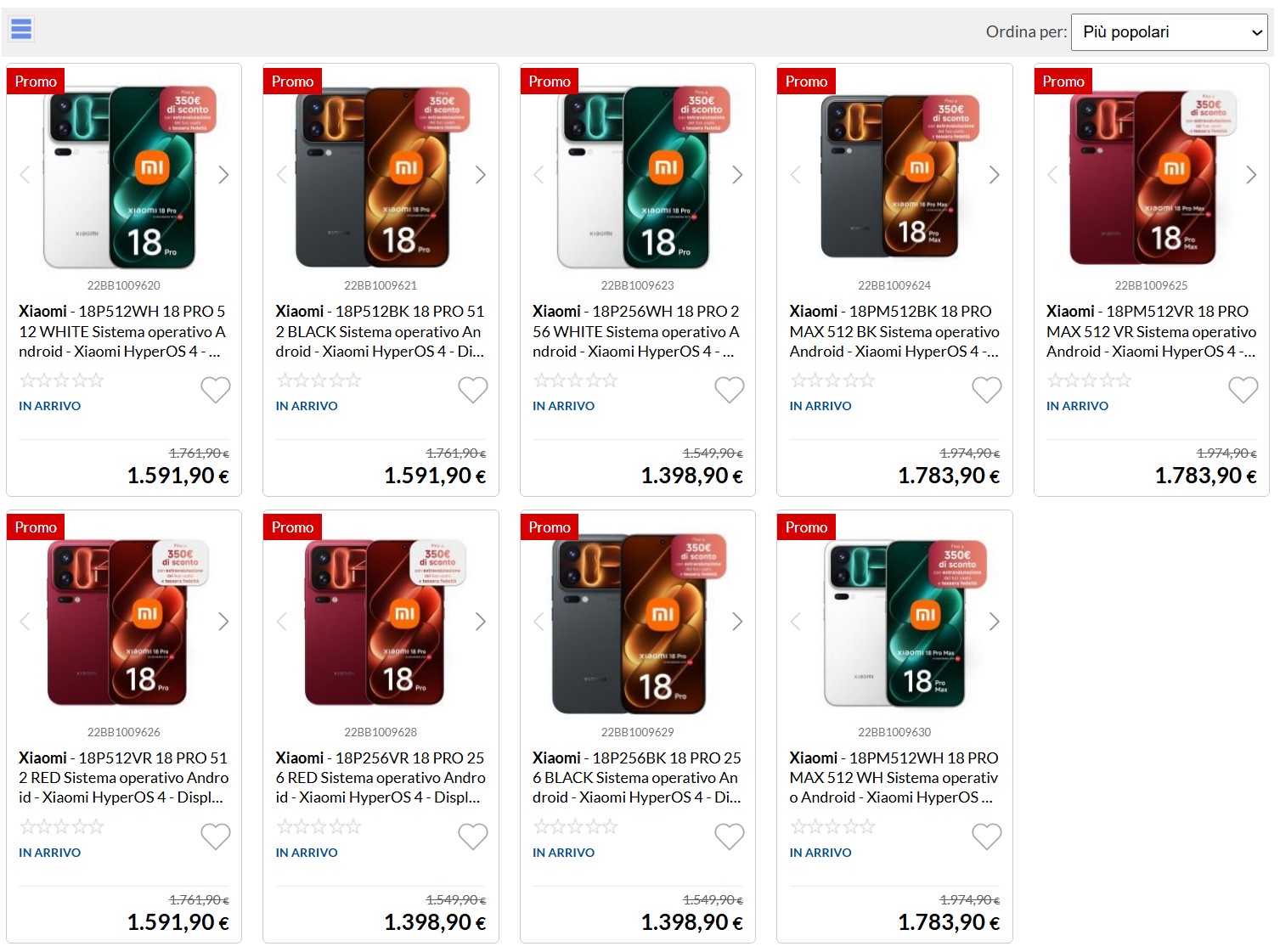 Retail listing for Xiaomi 18 Pro series smartphones